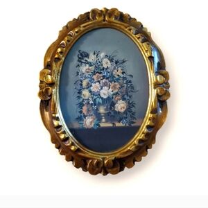 Vintage Italian Oval Glit Metal Frame Floral Prints